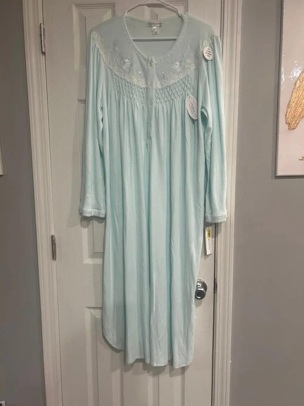 Miss Elaine Cuddleknit Nightgown XL Blue Long Sleeve Smocked Embroidered Midi
